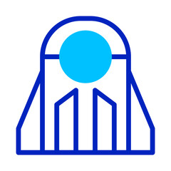 Minimalist abstract logo featuring geometric forms, blue lines, and solid cyan circle