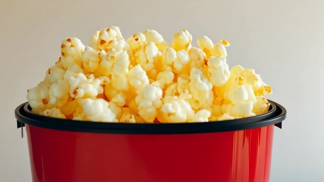 Red popcorn container full of kernels