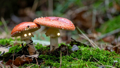 Enchanting Glowing Mushrooms in Mossy Forest - Magical Nature Photography
