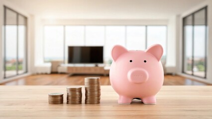 Modern wealth savings and financial growth. Piggy bank beside stacks of coins in a modern living room setting.