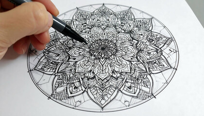 Naklejka premium Intricate Mandala Drawing: Step-by-Step Ink Art Tutorial