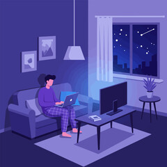 Person Using Laptop on Couch at Night in Apartment Scene