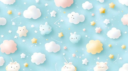 Fototapeta premium Soft Pastel Clouds and Stars Pattern for Children's Decor and Fun Themed Projects