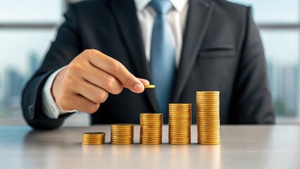 Modern wealth savings and financial growth. Businessman stacking coins to represent financial growth and investment strategy.