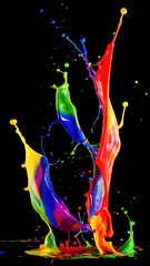 Colorful Liquid Splash Captured Mid-Air Against Black Background with Abstract Shapes and Vibrant Artistic Expression