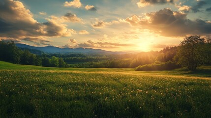 Fototapeta premium Golden sunset over a field of grass and trees, with a mountain range in the background