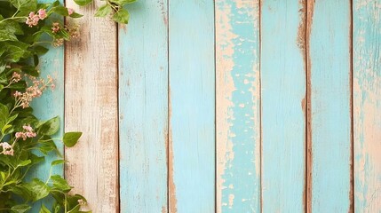 Rustic Blue Wooden Background with Green Ivy and Delicate Pink Flowers Decoration
