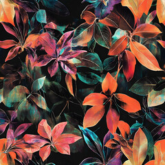 Vibrant tropical leaf pattern on a dark background.