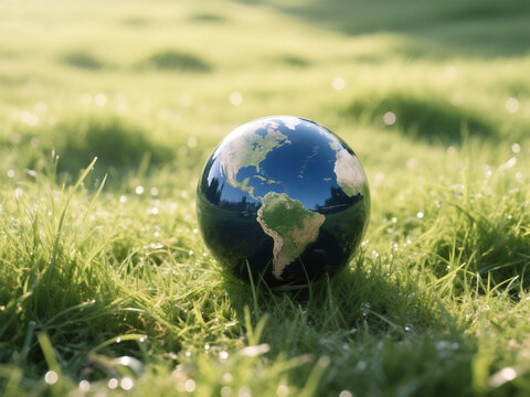 Vibrant High-Definition Globe Earth Resting on Lush Green Grass