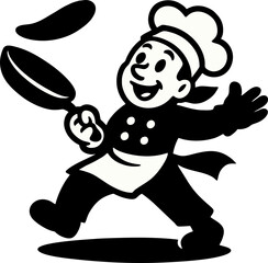 Retro Style Chef Flips Pancakes With Joy And Enthusiasm In A Black And White Cartoon Drawing
