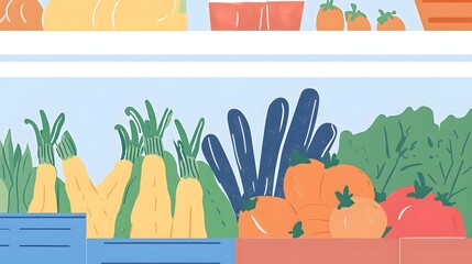 Colorful illustration of various fresh produce in a refrigerator.