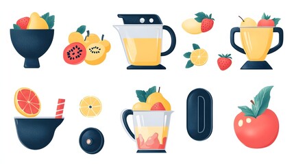Colorful collection of fruit and beverage preparation items.