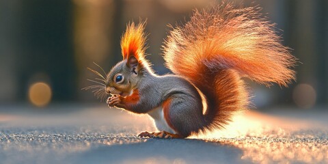Fototapeta premium Golden Hour Squirrel: A Stunning Wildlife Portrait of a Red Squirrel Enjoying the Sunset