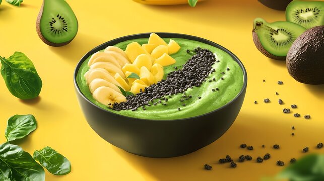 Vibrant green smoothie bowl with tropical fruits and seeds.