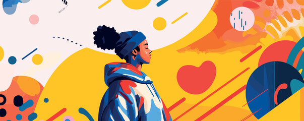 Fototapeta premium Vibrant abstract illustration of young woman amidst colorful geometric shapes and patterns.