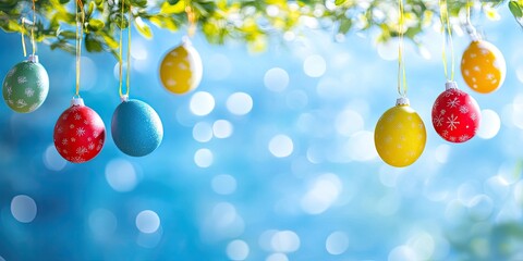 Delightful Easter Eggs Hanging from a Branch Against a Blurred Blue Background: Festive Spring Decoration