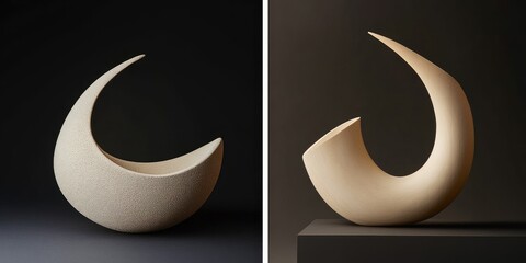 Abstract Ceramic Sculptures: Crescent Moon Forms in Beige and Off-White Hues