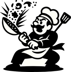 Illustrated Chef Vigorously Flips Food With A Pan In A Stylized Black And White Drawing