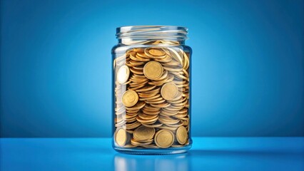 Modern wealth savings and financial growth. Jar filled with coins against a blue background, symbolizing savings and finance.
