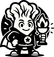 Stylized Vector Graphic Of A Lettuce Character Holding A Torch In Black And White Design