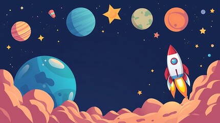 A vibrant cartoon depiction of space featuring planets, stars, a rocket launching from a cloud-like surface, and a dark starry background.