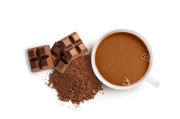 Cup of hot cocoa drink with cocoa powder and chocolate bars isolated on white background . top view