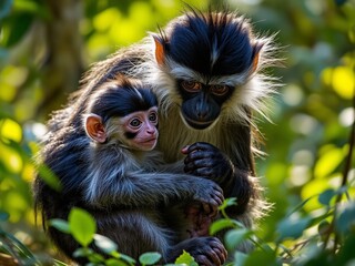 Fototapeta premium A Mother Monkey and Her Young One in Nature