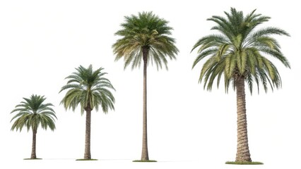 Obraz premium Four Date Palm Trees 3D Render, Growth Stages, Isolated on White, Tropical Plants Date Palm, 3D Render, Palm Tree