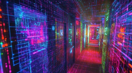 Abstract corridor featuring vibrant neon grid lights, representing future technology
