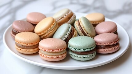 Obraz premium Assortment of pastel macaron with chocolate ganache on white plate
