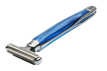Elegant blue and chrome safety razor a luxurious shaving experience Precision engineering on transparent background