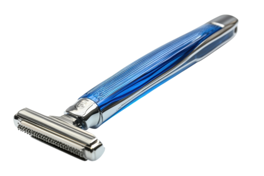 Elegant blue and chrome safety razor a luxurious shaving experience Precision engineering on transparent background
