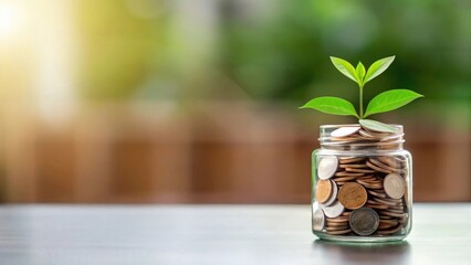 Modern wealth savings and financial growth. Growing plant in a jar of coins symbolizes financial growth and investment potential.