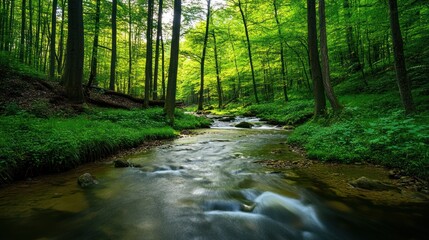 Fototapeta premium Enchanting forest stream scenery with lush greenery and sunlight filtered through trees