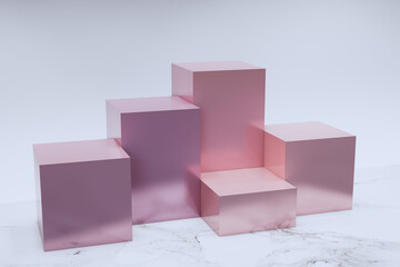 Rose gold box arrangement for product display, for example beauty products, skin care, smartphone products, technology, gadgets, food or expensive bags.