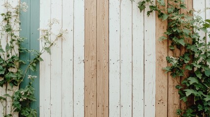 Colorful Wooden Wall with Green Vines and Flowers Creating Natural Texture and Patterns