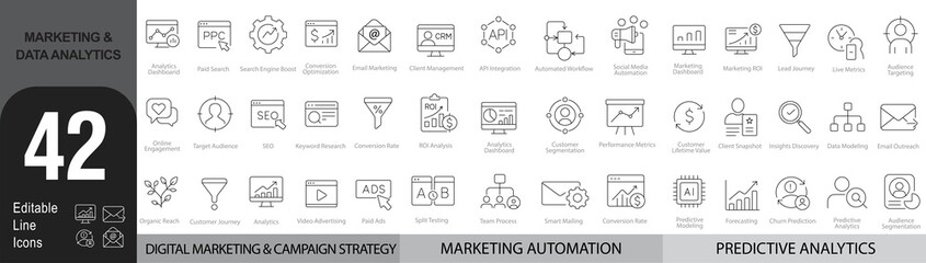 Marketing & Data Analytics – 42 Editable Line Icons for Campaign Strategy, Automation & Insights...