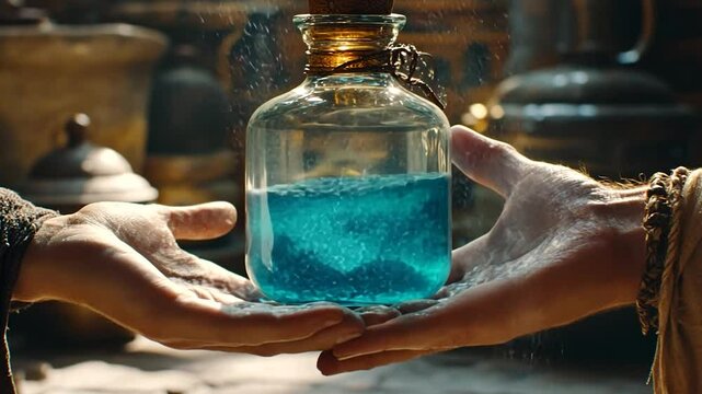 Hands exchanging a magical blue potion in a dusty workshop