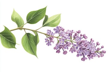 Illustration of a lilac branch with green leaves on a white background