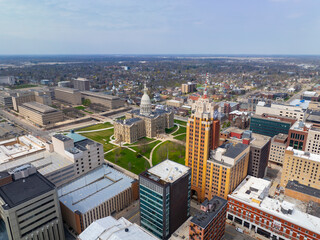 Michigan State Capitol aerial view at the end of Michigan Avenue with Boji Tower, Lansing, Michigan MI, USA. 