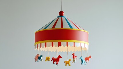 Colorful circus-themed pendant light fixture with hanging figurines.