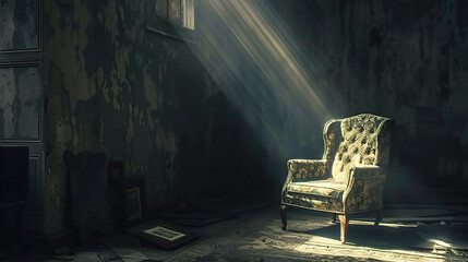 Empty wooden chair with vintage picture placed on seat in quiet room, conveying solitude, nostalgia and emotional memories of missing someone special.