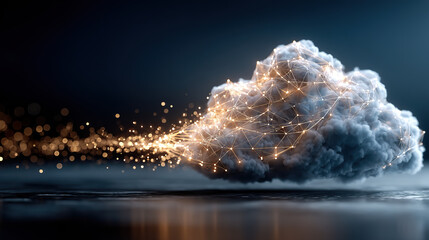 Abstract glowing cloud network on dark blue gradient, symbolizing futuristic connectivity and minimalist tech innovation