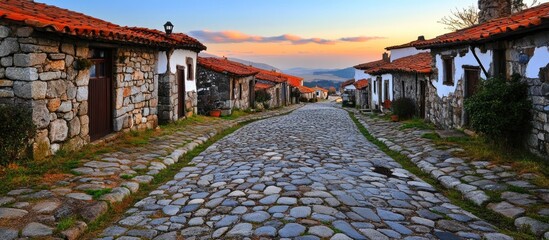 Picturesque cobbled village street lined with rustic stone houses at sunset