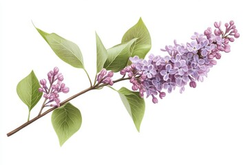 Illustration of a lilac branch with light purple flowers and green leaves