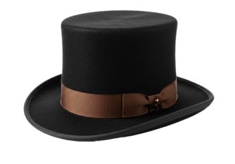 Black top hat with a decorative brown ribbon and bow, presented in a  setting, highlighting its classic design and details.