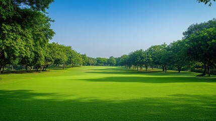 Fototapeta premium Lush green field and trees under a clear blue sky in a tranquil landscape outdoors
