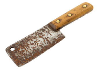 Rusted butcher knife with a wooden handle, angled in a diagonal perspective against a multicolored background.