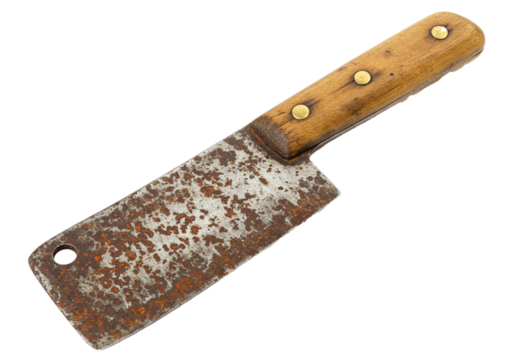 Rusted butcher knife with a wooden handle, angled in a diagonal perspective against a multicolored background.