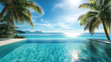 Fototapeta premium Serene Ocean View with Infinity Pool and Palm Trees